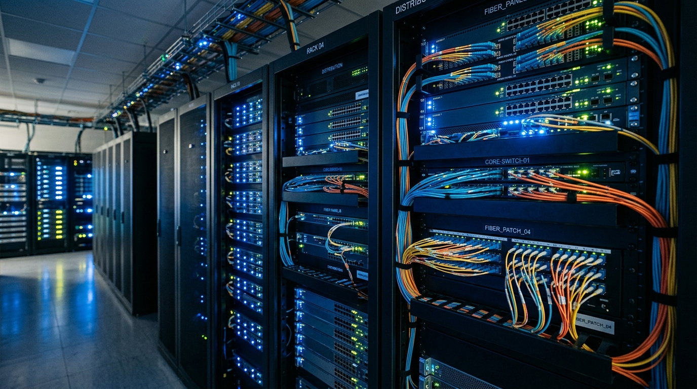 Rack de servidores con LEDs azules — Infraestructura SINAI CS